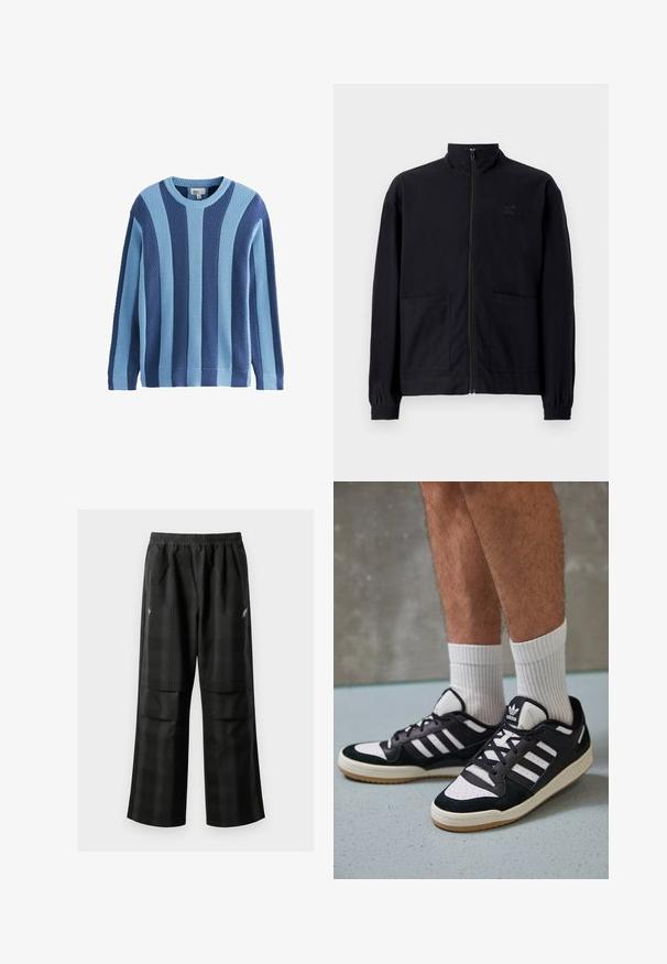 Melna zip-up jaka, izgatavota no struktūrētas auduma, ar stāvošu apkakli, divām priekšējām kabatām un elastīgām aprocēm. Diskreta logotipa detaļa.; Adīts džemperis ar mainīgām faktūrām gaiši un tumši zilos toņos, ar apaļu kakla izgriezumu un ribotām aprocēm un apakšmali.; Melnas kvadrātveida bikses ar elastīgu jostu, divām priekšējām kabatām un brīvu piegriezumu ar taisnām kājām. Izgatavotas no viegla materiāla.; Melnas un baltas kedas ar zamša un ādas augšdaļu, kas aprīkotas ar trim baltām svītrām, perforētu purngali un gumijas zolēm.