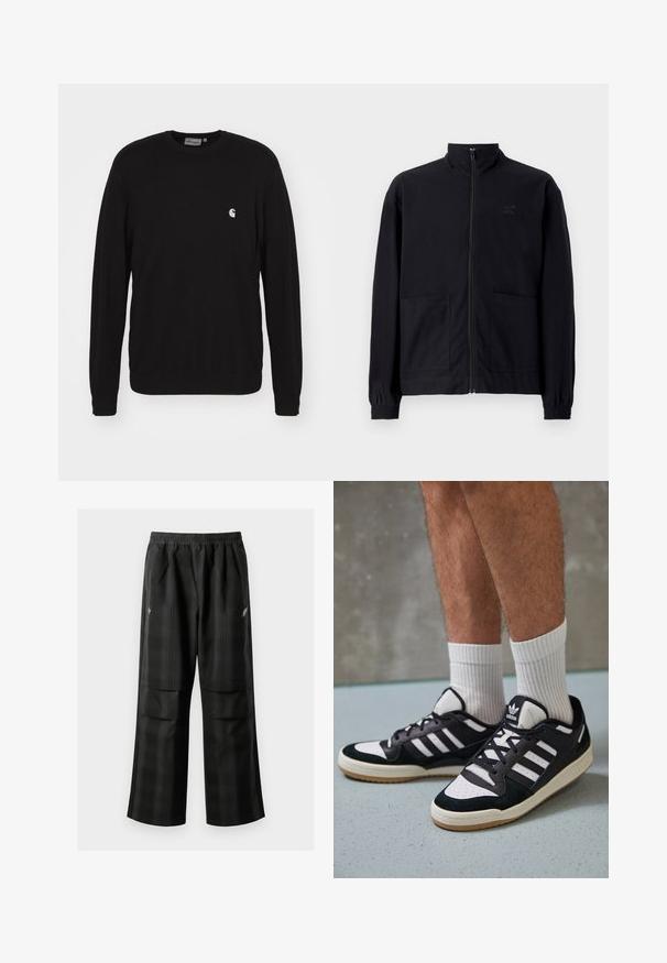 Czarna kurtka zapinana na zamek, wykonana z teksturowanej tkaniny, z kołnierzem stojącym, dwoma przednimi kieszeniami i elastycznymi mankietami. Subtelny detal z logo.; Carhartt WIP Bluza; Czarne spodnie w kratę z elastycznym pasem, dwoma przednimi kieszeniami i luźnym krojem ze prostymi nogawkami. Wykonane z lekkiego materiału.; Czarno-białe sneakersy z zamszową i skórzaną cholewką, z trzema białymi paskami, perforowanym czubkiem i gumową podeszwą w kolorze gumy.
