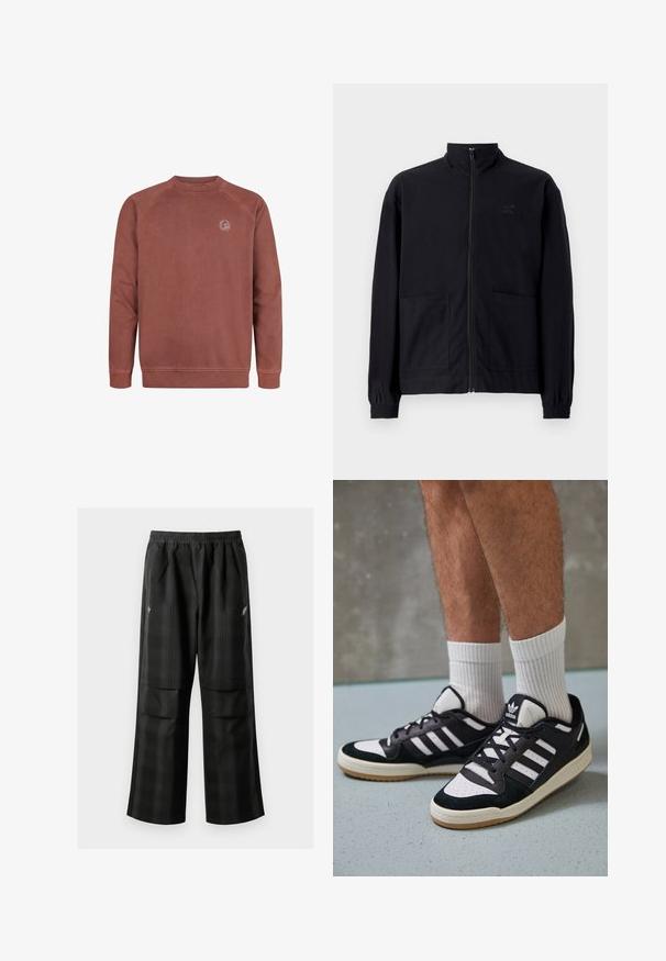 Schwarze Zip-Jacke aus strukturiertem Stoff mit Stehkragen, zwei Fronttaschen und elastischen Bündchen. Subtiler Logodruck.; Burgundy Crewneck Sweatshirt aus weichem Baumwollmischgewebe. Mit Raglanärmeln und einem kleinen Logopatch auf der Brust. Glatte Textur, gerippte Bündchen.; Schwarze karierte Hosen mit elastischem Bund, zwei Fronttaschen und lockerer Passform im geraden Beinschnitt. Hergestellt aus leichtem Material.; Schwarz-weiße Sneaker mit einem Obermaterial aus Wildleder und Leder, ausgestattet mit drei weißen Streifen, einer perforierten Zehenpartie und einer Sohle aus Gummi.