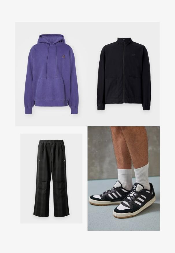 Mustast zip-up jakkidest, mis on valmistatud tekstureeritud kangast, on püstkaelus, kaks esist taskut ja elastsed mansetid. Diskreetne logo detail.; Lilla puuvillane kapuutsiga sviiter, millel on ees tasku ja reguleeritav nöör. Omab ribakudu käe- ja põhiääri ning rinna peal logoga plaati.; Mustas ruudulised püksid, millel on elastne vöökoht, kaks esimest taskut ja laiem lõige sirge jala disainiga. Valmistatud kergest materjalist.; Mustvalged ja valged spordijalatsid, mille pealmine osa on valmistatud suede'ist ja nahast. Kingadel on kolm valget riba, auguline varvas ja kummist tald.