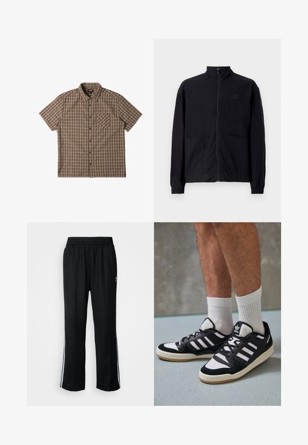 Black zip-up jacket made of textured fabric featuring a standing collar, two front pockets, and elasticized cuffs. Subtle logo detail.; Short-sleeve button-up shirt in brown shades with a plaid pattern, featuring a chest pocket and a spread collar.; Black athletic pants with an elastic waistband, featuring white side stripes and a small logo. Material appears soft and lightweight.; Black and white sneakers with a suede and leather upper, featuring three white stripes, a perforated toe, and a gum rubber sole.