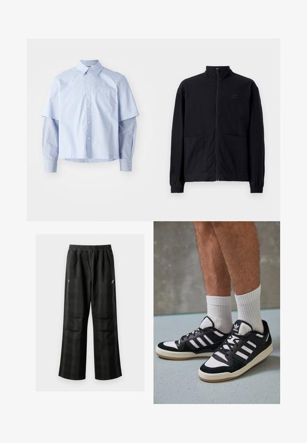 Czarna kurtka zapinana na zamek, wykonana z teksturowanej tkaniny, z kołnierzem stojącym, dwoma przednimi kieszeniami i elastycznymi mankietami. Subtelny detal z logo.; Jasnoniebieska koszula z krótkim rękawem z kołnierzykiem, z przodu posiada kieszeń, a długie rękawy w kratkę niebieską tworzą warstwowy kontrast wizualny.; Czarne spodnie w kratę z elastycznym pasem, dwoma przednimi kieszeniami i luźnym krojem ze prostymi nogawkami. Wykonane z lekkiego materiału.; Czarno-białe sneakersy z zamszową i skórzaną cholewką, z trzema białymi paskami, perforowanym czubkiem i gumową podeszwą w kolorze gumy.