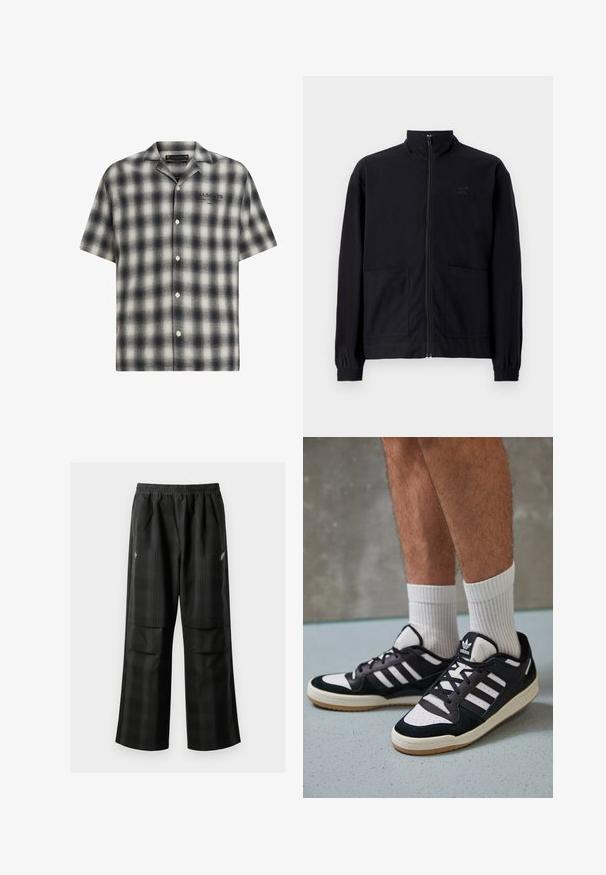 Giacca nera con zip realizzata in tessuto testurizzato, dotata di colletto alto, due tasche frontali e polsini elasticizzati. Dettaglio logo discreto.; Camicia a maniche corte a quadri in bianco e nero, con chiusura frontale a bottoni. Presenta una vestibilità comoda, una texture morbida e il logo del marchio sul petto.; Pantaloni a quadri neri con vita elasticizzata, due tasche frontali e una vestibilità ampia con design a gamba dritta. Realizzati in materiale leggero.; Sneaker bianco e nero con tomaia in suede e pelle, caratterizzati da tre strisce bianche, punta perforata e suola in gomma naturale.