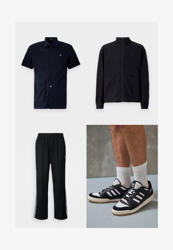 Mustast zip-up jakkidest, mis on valmistatud tekstureeritud kangast, on püstkaelus, kaks esist taskut ja elastsed mansetid. Diskreetne logo detail.; Lühikeste varrukatega tume sinine nupuga särk, mis on valmistatud puuvillast, vasakul küljel on plaastr tasku ja rinnal väike logoplaaster.; Mustad mustad spordipüksid elastse vöökohaga, millel on valged küljeread ja väike logo. Materjal tundub pehme ja kerge.; Mustvalged ja valged spordijalatsid, mille pealmine osa on valmistatud suede'ist ja nahast. Kingadel on kolm valget riba, auguline varvas ja kummist tald.