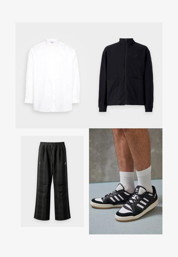 Black zip-up jacket made of textured fabric featuring a standing collar, two front pockets, and elasticized cuffs. Subtle logo detail.; White long-sleeve button-up shirt made of cotton. Features a pointed collar and six buttons down the front. Smooth texture, regular fit.; Black plaid pants featuring an elastic waistband, two front pockets, and a loose fit with a straight leg design. Made from lightweight material.; Black and white sneakers with a suede and leather upper, featuring three white stripes, a perforated toe, and a gum rubber sole.