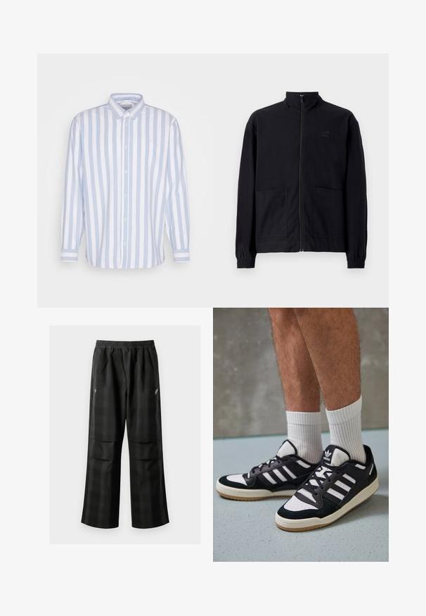 Črna jakna na zadrgo iz teksturirane tkanine z dvignjenim ovratnikom, dvema sprednjima žepoma in elastificiranimi manšeti. Diskretna podrobnost logotipa.; Svetlo modra in bela prugasta dolgorasna srajca z ovratnikom na gumbe, ki ima žep na levi strani in gumbe na manšeti.; Črne karirane hlače z elastičnim pasom, dvema sprednjima žepoma in ohlapnim krojem s pravimi nogavicami. Narejene so iz lahke tkanine.; Črno-bele superge z zgornjim delom iz usnja in nubuka, ki imajo tri bele črte, perforiran vrh prstov in podplat iz gume.