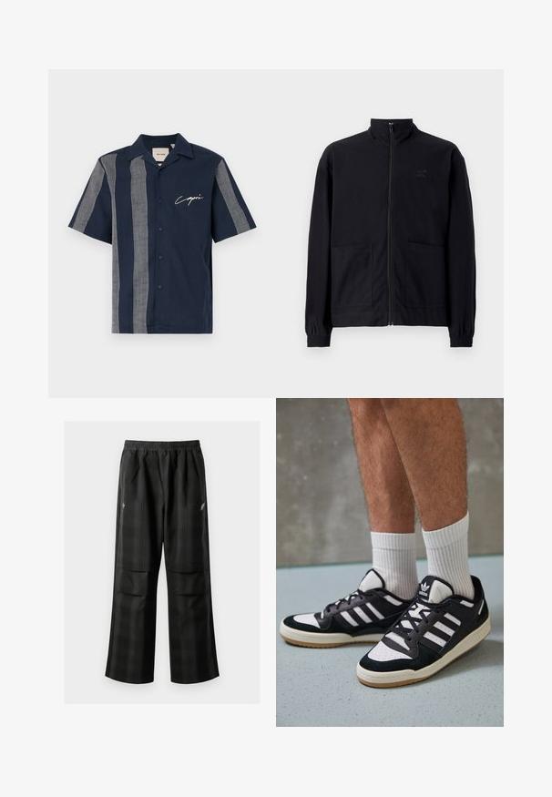 Melna zip-up jaka, izgatavota no struktūrētas auduma, ar stāvošu apkakli, divām priekšējām kabatām un elastīgām aprocēm. Diskreta logotipa detaļa.; Kratkās piedurknes tumši zila krekls, izgatavots no kokvilnas, ar baltām režģa raksta svītrām un "Capri" zīmolu uz krūtīm. Ar pogām aizverams dizains.; Melnas kvadrātveida bikses ar elastīgu jostu, divām priekšējām kabatām un brīvu piegriezumu ar taisnām kājām. Izgatavotas no viegla materiāla.; Melnas un baltas kedas ar zamša un ādas augšdaļu, kas aprīkotas ar trim baltām svītrām, perforētu purngali un gumijas zolēm.