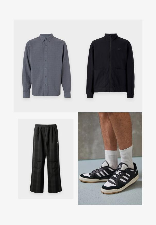 Jachetă zip-up neagră, realizată dintr-un material texturat, cu guler în picioare, două buzunare frontale și manșete elastice. Detaliu subtil cu logo.; Cămașă gri cu mâneci lungi, realizată dintr-un material texturat, având un guler clasic și șase butonieră frontale.; Pantaloni cu un model carourile negre, având talie elastică, două buzunare frontale și un croi lejer cu picioare drepte. Construiți dintr-un material ușor.; Adidași negri și albi cu un superior din suede și piele, prevăzuți cu trei dungi albe, un vârf perforat și o talpă din cauciuc caramel.
