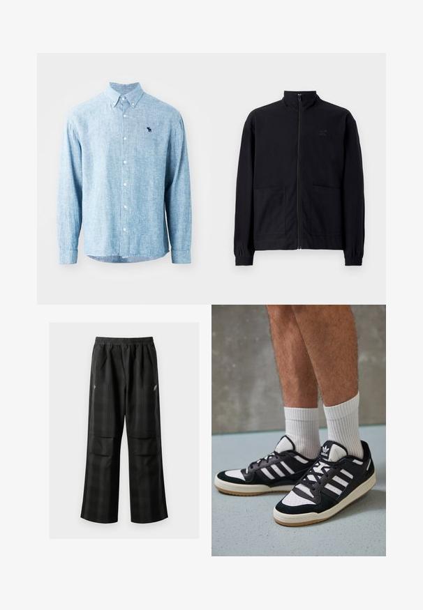 Giacca nera con zip realizzata in tessuto testurizzato, dotata di colletto alto, due tasche frontali e polsini elasticizzati. Dettaglio logo discreto.; Camicia blu chiaro con bottoni in un tessuto testurizzato. Presenta un colletto, maniche lunghe e un piccolo logo scuro sul petto.; Pantaloni a quadri neri con vita elasticizzata, due tasche frontali e una vestibilità ampia con design a gamba dritta. Realizzati in materiale leggero.; Sneaker bianco e nero con tomaia in suede e pelle, caratterizzati da tre strisce bianche, punta perforata e suola in gomma naturale.