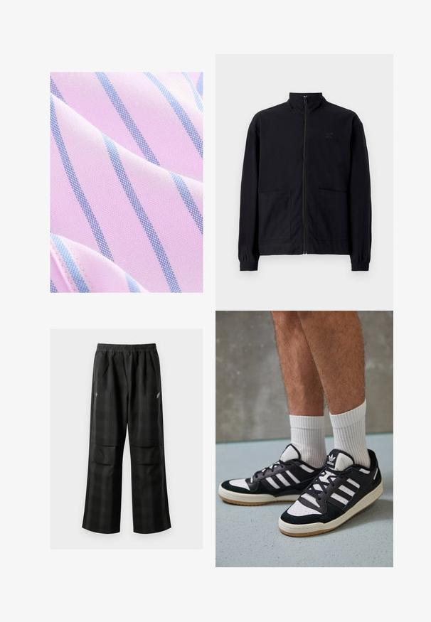 Mustast zip-up jakkidest, mis on valmistatud tekstureeritud kangast, on püstkaelus, kaks esist taskut ja elastsed mansetid. Diskreetne logo detail.; Next REGULAR FIT - Pluus - pink blue; Mustas ruudulised püksid, millel on elastne vöökoht, kaks esimest taskut ja laiem lõige sirge jala disainiga. Valmistatud kergest materjalist.; Mustvalged ja valged spordijalatsid, mille pealmine osa on valmistatud suede'ist ja nahast. Kingadel on kolm valget riba, auguline varvas ja kummist tald.