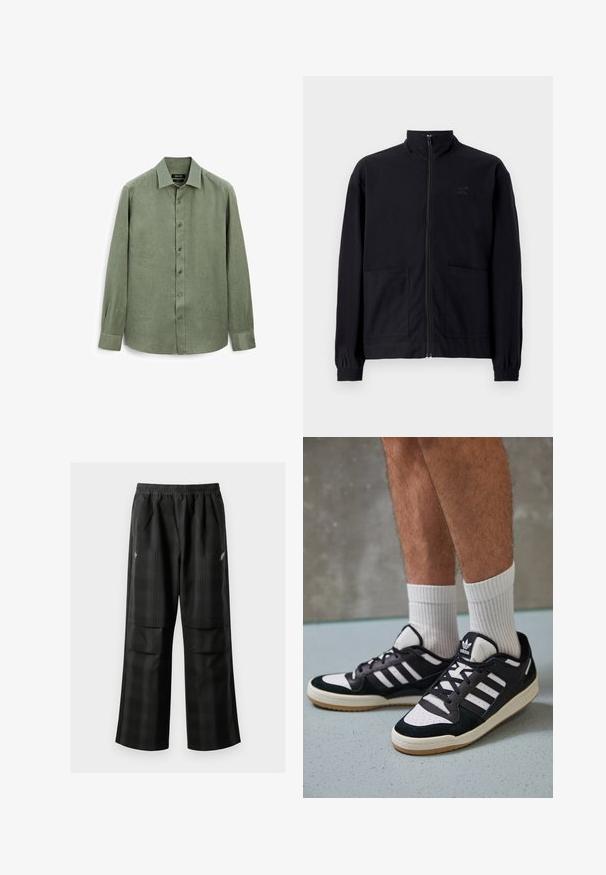 Černá zipová bunda vyrobená z texturované tkaniny, s vysokým límcem, dvěma předními kapsami a elastickými manžetami. Jemný detail loga.; Světle zelená halenka s dlouhým rukávem vyrobená z texturované látky, s špičatým límcem a plnou knoflíkovou légou se šesti odpovídajícími knoflíky.; Černé kostkované kalhoty s elastickým pasem, dvěma předními kapsami a volným střihem se rovnými nohavicemi. Vyrobeny z lehkého materiálu.; Černobílé tenisky s vrchní částí z semišové a kožené kůže, včetně tří bílých pruhů, perforovaného špičky a podrážky z gumy.