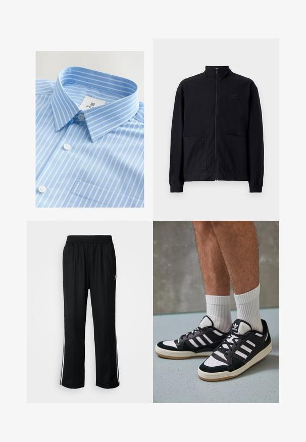 Zwarte zip-up jack van textuurstof met een staande kraag, twee voorzakken en elastische manchetten. Subtiel logo-detail.; Lichtblauw overhemd met witte verticale strepen, met knoopsluiting aan de voorkant, puntkraag en een enkel borstzakje. De stof lijkt glad te zijn.; Zwarte sportbroeken met een elastische tailleband, voorzien van witte zijkanten en een klein logo. Het materiaal lijkt zacht en lichtgewicht te zijn.; Zwart-witte sneakers met een bovenwerk van suede en leer, voorzien van drie witte strepen, een geperforeerde neus en een rubberen gumzool.