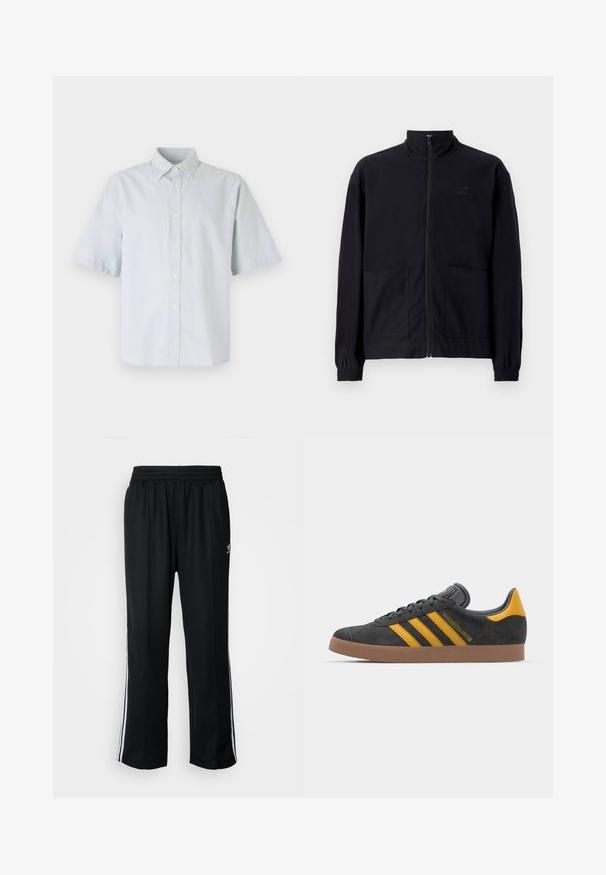 Sort zip-op jakke lavet af tekstureret stof med stående krave, to forlommer og elastiske manchetter. Diskret logo detalje.; Lyseblå kortærmet skjorte med knaplukning, lavet af bomuld, med klassisk krave, frontlåg med knapper og en afslappet pasform.; Sorte træningsbukser med elastisk talje, der har hvide sidestænger og et lille logo. Materialet ser blødt og let ud.; Sort suedet sneaker med gule accenter, der har tre striber og en brun gummisål. Inkluderer en polstret tunge for komfort.