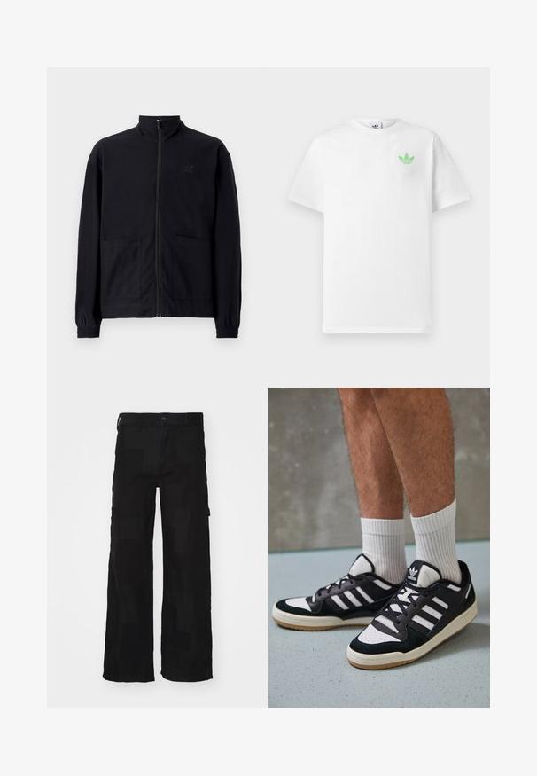 Črna jakna na zadrgo iz teksturirane tkanine z dvignjenim ovratnikom, dvema sprednjima žepoma in elastificiranimi manšeti. Diskretna podrobnost logotipa.; Bela bomba majica iz bombaža s kratkimi rokavi, ki ima majhen zeleni Adidas logo na levem prsnem delu. Preprosta, klasična zasnova s krožnim izrezom.; Črne cargo hlače iz mešanice bombaža, z ohlapnim krojem, dvema stranskima žepoma, gumbom za zapiranje ter gladko teksturo s subtilnim vzorcem.; Črno-bele superge z zgornjim delom iz usnja in nubuka, ki imajo tri bele črte, perforiran vrh prstov in podplat iz gume.