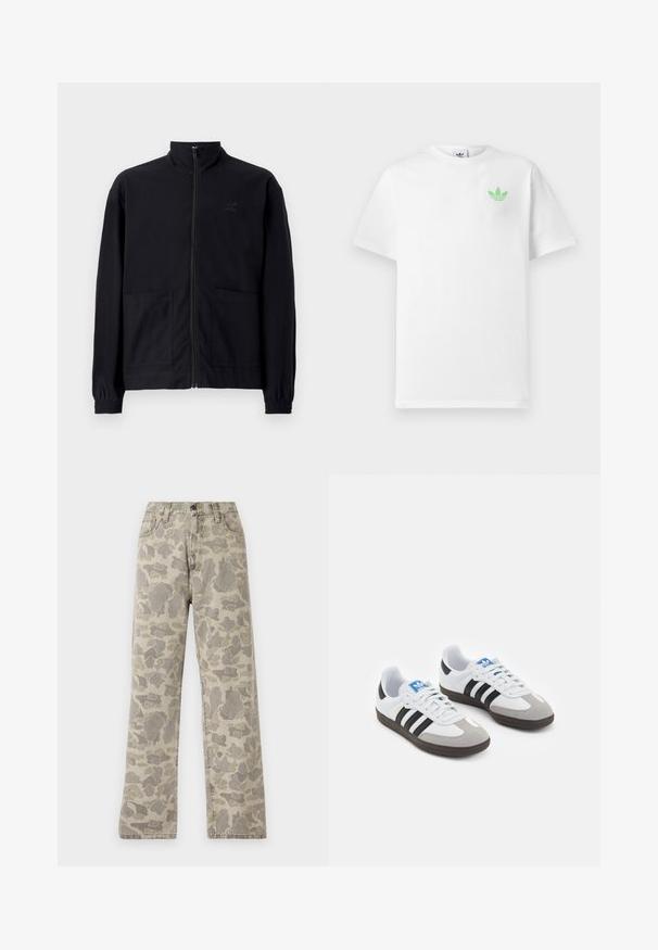 Black zip-up jacket made of textured fabric featuring a standing collar, two front pockets, and elasticized cuffs. Subtle logo detail.; White cotton t-shirt with short sleeves, featuring a small green Adidas logo on the left chest. Simple, classic design with a round neckline.; Carhartt WIP LANDON PANT - Straight leg jeans - grey/black; Sport shoes with a white leather upper, gray suede toe, and three black stripes. Features a blue logo on the tongue and a textured rubber sole.