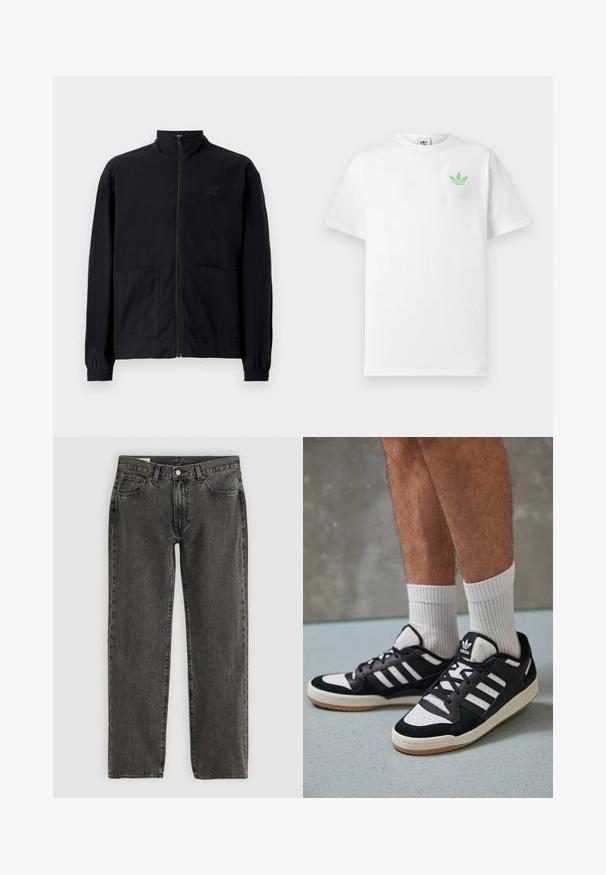 Černá zipová bunda vyrobená z texturované tkaniny, s vysokým límcem, dvěma předními kapsami a elastickými manžetami. Jemný detail loga.; Bílý bavlněný tričko s krátkým rukávem, na levé straně hrudi s malým zeleným logem Adidas. Jednoduchý, klasický design s kulatým výstřihem.; Černé vybledlé rovné džíny s pěti kapsami, zapínáním na knoflík a poutky na opasek, položené na bílé ploše.; Černobílé tenisky s vrchní částí z semišové a kožené kůže, včetně tří bílých pruhů, perforovaného špičky a podrážky z gumy.