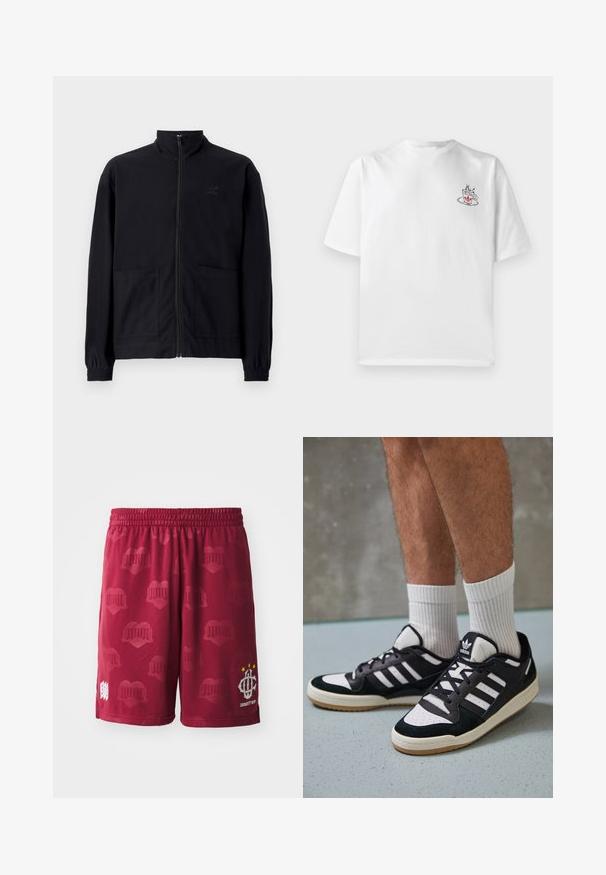 Musta vetoketjullinen takki, joka on valmistettu teksturoidusta kankaasta. Takissa on pystykaulus, kaksi etutaskua ja elastiset hihansuut. Huomaamaton logotyyli.; Valkoinen puuvillapaita lyhyillä hihoilla, jossa on pieni vaaleanpunainen ja musta kahvimuki -kuvio vasemmassa rinnassa.; Bordeaux urheilushortsit, joissa on joustava vyötärö. Niissä on hienovarainen sydänkuvio ja valkoinen logo, jossa on kolme tähteä yhdellä lahkeella.; Valkoiset ja mustat tennarit, joissa on mokkanahka- ja nahkapäällinen, kolme valkoista raitaa, rei'itetty kärki ja kumipohja.