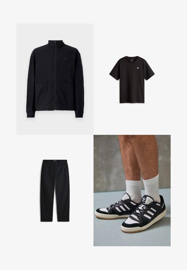 Černá zipová bunda vyrobená z texturované tkaniny, s vysokým límcem, dvěma předními kapsami a elastickými manžetami. Jemný detail loga.; Černé bavlněné tričko s krátkým rukávem a kulatým výstřihem. Na hrudi se nachází malé bílé logo skateboardu. Jednoduchý design a střih.; Černé kalhoty vyrobené z bavlněné směsové tkaniny, s rovným střihem, bočními kapsami a zapínáním na knoflík. Žádné viditelné vzory nebo logo.; Černobílé tenisky s vrchní částí z semišové a kožené kůže, včetně tří bílých pruhů, perforovaného špičky a podrážky z gumy.