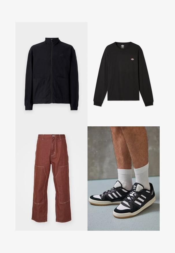 Černá zipová bunda vyrobená z texturované tkaniny, s vysokým límcem, dvěma předními kapsami a elastickými manžetami. Jemný detail loga.; Černé tričko s dlouhým rukávem z bavlny, které má malé vícebarevné logo Dickies na levé straně hrudi a žebrované manžety.; Carhartt WIP MIDLAND DOUBLE KNEE PANT - Džíny Relaxed Fit - offroad rinsed; Černobílé tenisky s vrchní částí z semišové a kožené kůže, včetně tří bílých pruhů, perforovaného špičky a podrážky z gumy.