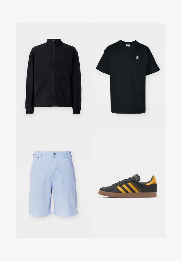 Mustast zip-up jakkidest, mis on valmistatud tekstureeritud kangast, on püstkaelus, kaks esist taskut ja elastsed mansetid. Diskreetne logo detail.; Must musta T-särk lühikeste varrukatega ja ümmarguse kaelusega, mille vasakul rinnal on väike valge Adidas logo.; Heledad sinised šortid, mis on valmistatud puuvillast. Omavad nuppude sulgemist, kahte esimest taskut ja sirget lõiget koos üleskeeratud servadega.; Mustad sametist spordijalatsid kollaste aktsentidega, millel on kolm triipu ja pruun kummitald. Mugavuse tagamiseks on neil pehmendatud keele osa.