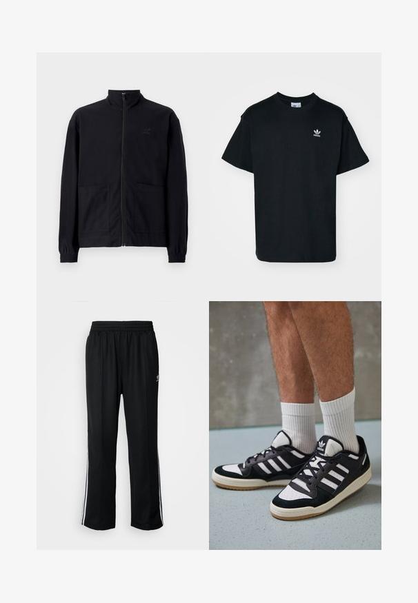 Black zip-up jacket made of textured fabric featuring a standing collar, two front pockets, and elasticized cuffs. Subtle logo detail.; Black cotton t-shirt with a crew neck and short sleeves, featuring a small white Adidas logo on the left chest area.; Black athletic pants with an elastic waistband, featuring white side stripes and a small logo. Material appears soft and lightweight.; Black and white sneakers with a suede and leather upper, featuring three white stripes, a perforated toe, and a gum rubber sole.