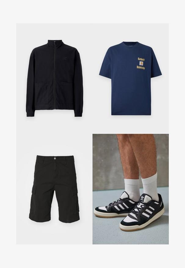 Crna jakna na patent s teksturiranim materijalom koja ima stojeći ovratnik, dva prednja džepa i elastične manžete. Suptilan detalj s logotipom.; Tamno plavi pamukasti majica s kratkim rukavima, s zlatnim natpisom "Carhartt University" i logotipom na lijevoj strani grudi.; Crne cargo kratke hlače izrađene od izdržljivog materijala, s bočnim džepovima, kopčanjem na dugme i detaljima s prevrnutim rubovima. Dizajn ravnog kroja.; Crne i bijele tenisice s gornjim dijelom od antilopa i kože, s tri bijele pruge, perforiranim prstom i gumiranim potplatom.