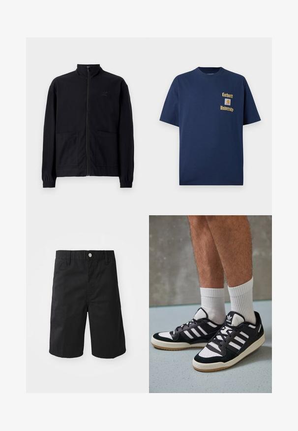 Mustast zip-up jakkidest, mis on valmistatud tekstureeritud kangast, on püstkaelus, kaks esist taskut ja elastsed mansetid. Diskreetne logo detail.; Tume sinine puuvillane T-särk lühikeste varrukatega, millel on kuldne kiri "Carhartt University" ja logo aplikaat vasakul rinnal.; Mustmustrikad mustad puuvillased lühikesed püksid, sirge lõikega, vöörihmadega, metallsulgemisega ning ilma nähtavate mustrite või aksessuaarideta.; Mustvalged ja valged spordijalatsid, mille pealmine osa on valmistatud suede'ist ja nahast. Kingadel on kolm valget riba, auguline varvas ja kummist tald.