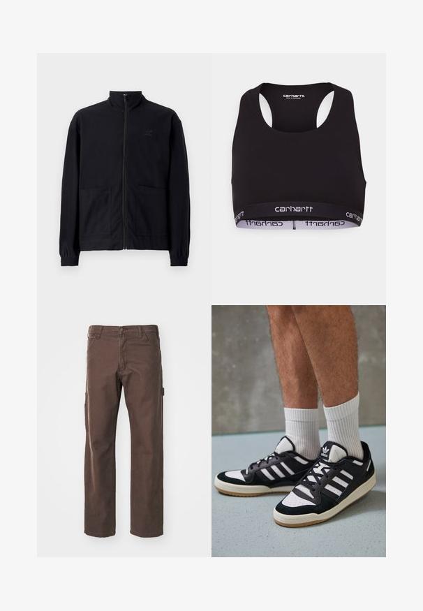Čierna zapínacia bunda vyrobená z textúrovanej látky, s vysokým golierom, dvoma prednými vreckami a elastickými manžetami. Diskrétne logo.; Čierny športový podprsenka s okrúhlym výstrihom a dizajnom so závodným chrbtom. Obsahuje zosilnený pás s bielym brandingom "Carhartt". Mäkka textúra látky.; Dickies CARPENTER PANT - Nohavice - dark brown; Čierno-biele tenisky s vrchom z semišu a kože, s troma bielymi pruhmi, perforovanou špičkou a gumovou podrážkou.