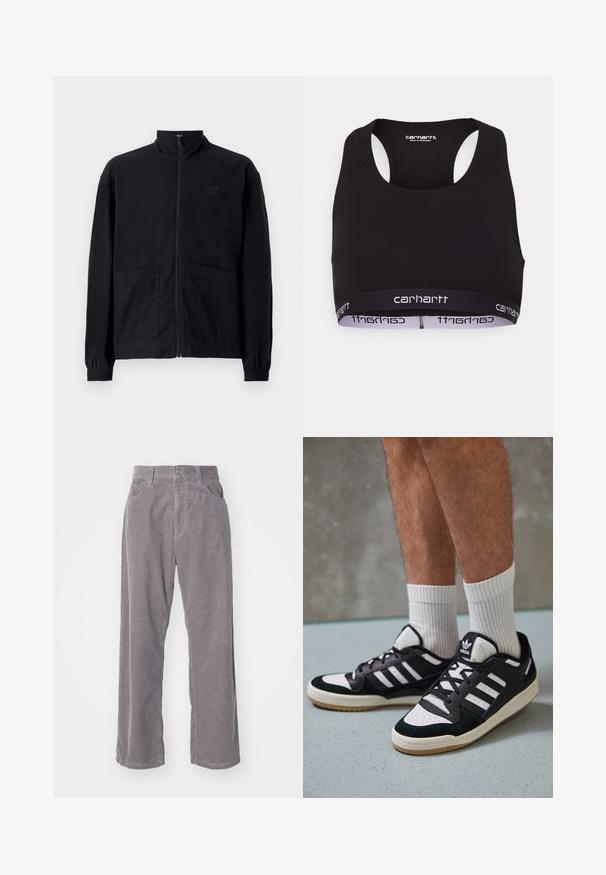 Fekete, cipzáros dzseki, textúrált anyagból, álló gallérral, két elülső zsebbel és rugalmas mandzsettával. Diszkrét logó részlet.; Fekete sportmelltartó, kerek nyakkivágással és versenyhát kialakítással. Erősített derékpánttal rendelkezik, amelyen fehér "carhartt" felirat található. Puha szövettextúra.; Szürke kordbársony nadrág széles lábakkal, függőleges bordázattal, gombos záródással és két elülső zsebbel.; Fekete-fehér tornacipők velúr és bőr felsőrésszel, három fehér csíkkal, perforált orral és gumi talppal.