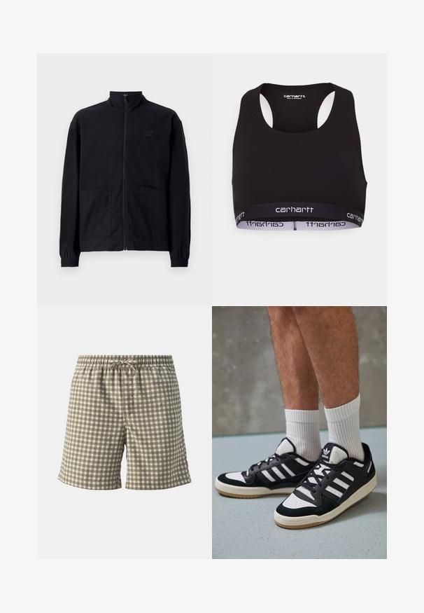 Sort zip-op jakke lavet af tekstureret stof med stående krave, to forlommer og elastiske manchetter. Diskret logo detalje.; Sort sports-bh med rund halsudskæring og racerback-design. Har et forstærket taljebånd med hvid "carhartt" branding. Blød stoftekstur.; Jack & Jones JPSTJAIDEN JJJACQUARD - Shorts - cloud dancer; Sorte og hvide sneakers med en overdel i ruskind og læder, der har tre hvide striber, en perforeret tå og en sål i gummigummi.