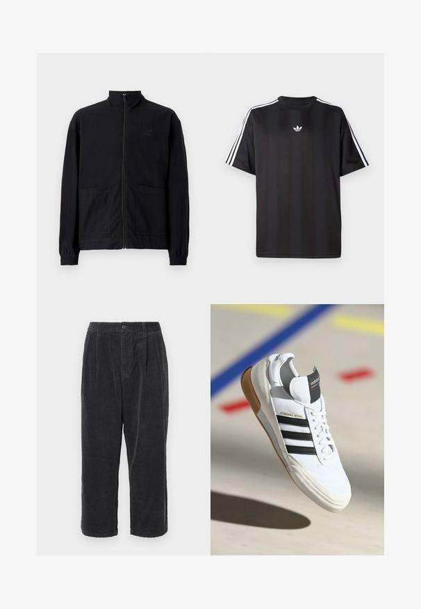 Schwarze Zip-Jacke aus strukturiertem Stoff mit Stehkragen, zwei Fronttaschen und elastischen Bündchen. Subtiler Logodruck.; Schwarzes T-Shirt mit kurzen Ärmeln und weißen drei Streifen an den Schultern sowie einem kleinen weißen Logo auf der Brust. Glatte Stofftextur.; Dunkelgraue Cordhose mit lockerer Passform, Knopfverschluss, Falten und verkürzter Länge, die eine gerippte Textur aufweist.; Weiße Adidas Mundial Goal Sneaker mit schwarzen Streifen und Gummisohle, die in der Luft über einem Sportboden mit bunten Linien gezeigt werden.