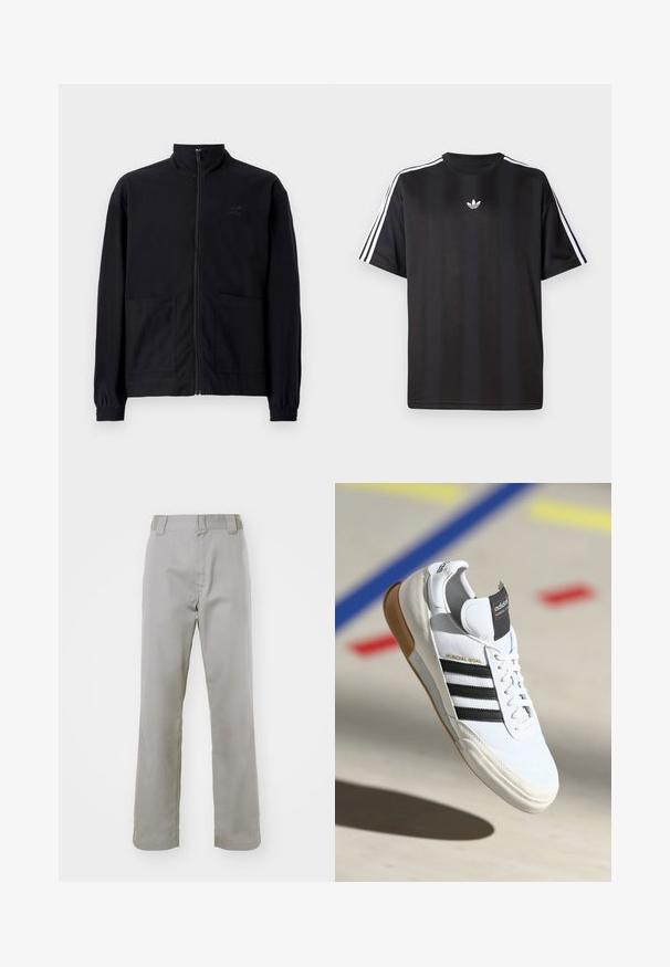 Fekete, cipzáros dzseki, textúrált anyagból, álló gallérral, két elülső zsebbel és rugalmas mandzsettával. Diszkrét logó részlet.; Fekete, rövid ujjú póló fehér háromcsíkos díszítéssel a vállakon és egy kis fehér logóval a mellkasán. Simább anyag textúra.; Szürke pamut nadrág egyenes szabással, lapos elejű, övhurkokkal és sima textúrával.; Fehér Adidas Mundial Goal sneaker fekete csíkokkal és gumitalppal, a levegőben egy sportpálya padlóján látható, színes vonalakkal.