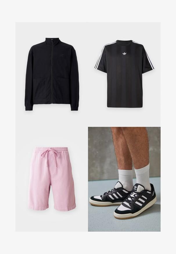 Veste noire zippée en tissu texturé avec col montant, deux poches avant et poignets élastiqués. Détail logo discret.; T-shirt noir à manches courtes avec des détails à trois rayures blanches sur les épaules et un petit logo blanc sur la poitrine. Texture de tissu lisse.; Shorts rose clair en coton, dotés d'une taille élastique avec cordon de serrage, et de jambes à coupe droite avec des détails de couture sur l'ourlet.; Baskets noir et blanc avec une tige en suède et cuir, comportant trois rayures blanches, un bout perforé et une semelle en caoutchouc gum.
