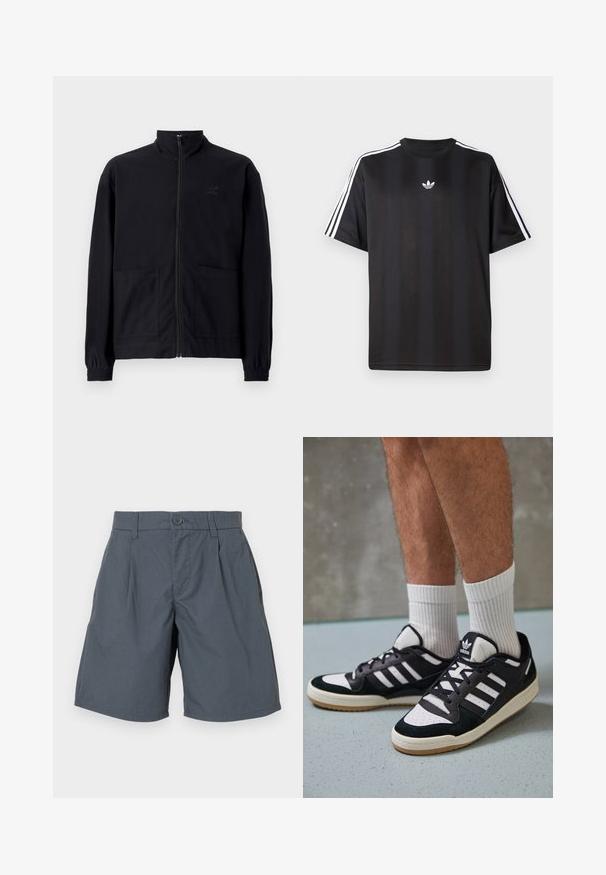 Melna zip-up jaka, izgatavota no struktūrētas auduma, ar stāvošu apkakli, divām priekšējām kabatām un elastīgām aprocēm. Diskreta logotipa detaļa.; Melns īsām piedurknēm T-krekls ar baltām trīs svītru detaļām uz pleciem un mazu baltu logo uz krūšu apvidus. Gluda auduma tekstūra.; Pelēki šorti, kas izgatavoti no viegla auduma, ar priekšējo pogu aizdari, divām sānu kabatām un taisnu griezumu.; Melnas un baltas kedas ar zamša un ādas augšdaļu, kas aprīkotas ar trim baltām svītrām, perforētu purngali un gumijas zolēm.