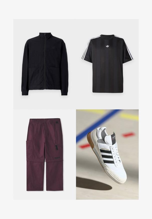 Črna jakna na zadrgo iz teksturirane tkanine z dvignjenim ovratnikom, dvema sprednjima žepoma in elastificiranimi manšeti. Diskretna podrobnost logotipa.; Crna majica s kratkimi рукави in belimi трими črtami na ramah ter majhnim belim logotipom na prsih. Gladka tekstura tkanine.; Burgundske konvertibilne cargo hlače z žepom na zadrgo in logotipom Timberland na desni nogi, prikazana podaljšana notranja dolžina.; Beli Adidas Mundial Goal športni copat z črnimi črtami in gumijastim podplatom, prikazan v zraku nad športnim igriščem z barvnimi črtami.