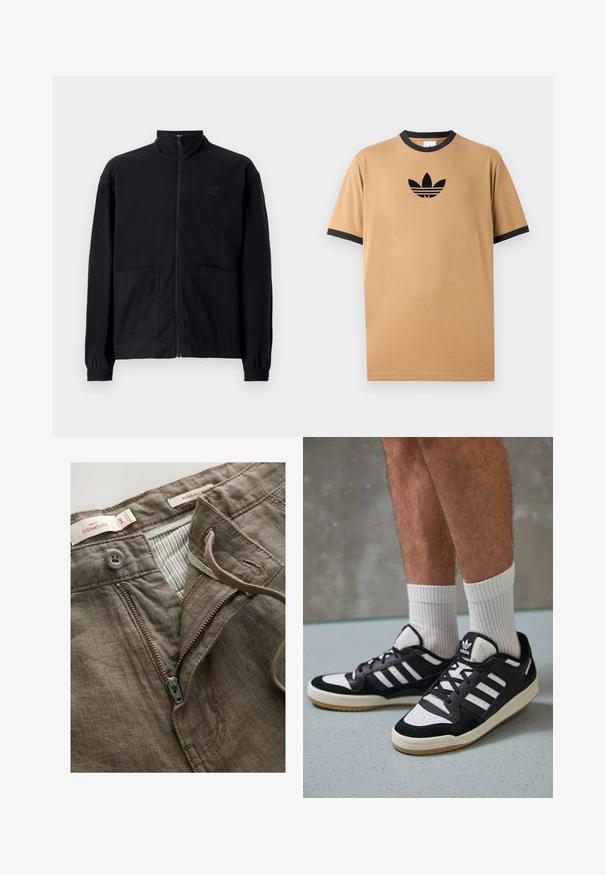 Črna jakna na zadrgo iz teksturirane tkanine z dvignjenim ovratnikom, dvema sprednjima žepoma in elastificiranimi manšeti. Diskretna podrobnost logotipa.; Tan bomba majica s crnim rebrastim izrezom i manžetama. Sadrži crni Adidas logo s tri pruga ispod logoa na prsima.; Brahkna lanena hlače z sprednjim zadrgo, gumbom za zapiranje in prugastim notranjim podloženjem. Vključuje detajle šivanja in oznake.; Črno-bele superge z zgornjim delom iz usnja in nubuka, ki imajo tri bele črte, perforiran vrh prstov in podplat iz gume.