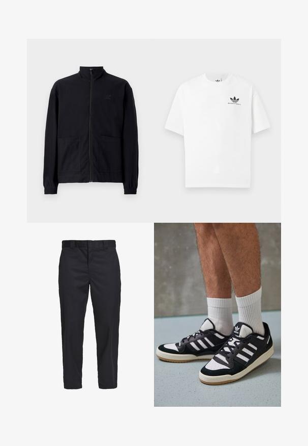 Svart zip-up jakke laget av teksturert stoff med stående krage, to frontlommer og elastiske mansjetter. Diskret logo detalj.; Hvit bomull T-skjorte med kort erm, med en svart "BASKETBALL" logo og ikonisk tre-stripes design på framsiden.; Svart chinos laget av lett bomullsstoff, med rett ben-utsnitt, sidelommer og knappelukking i midjen.; Sorte og hvite sneakers med overdel i semsket skinn og lær, med tre hvite striper, perforert tå og en såle av gummi.