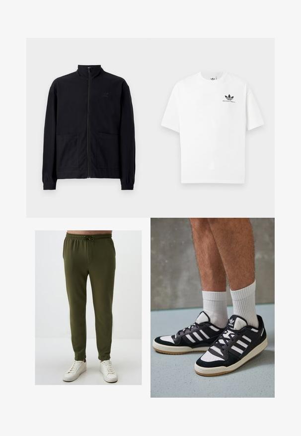 Schwarze Zip-Jacke aus strukturiertem Stoff mit Stehkragen, zwei Fronttaschen und elastischen Bündchen. Subtiler Logodruck.; Weißes Baumwoll-T-Shirt mit kurzen Ärmeln, das ein schwarzes "BASKETBALL"-Logo und ein ikonisches Drei-Streifen-Design auf der Vorderseite aufweist.; Olivgrüne Jogginghosen mit einem elastischen Bund, Kordelzugdetails und schmal zulaufendem Bein, kombiniert mit weißen Turnschuhen. Glatte Textur.; Schwarz-weiße Sneaker mit einem Obermaterial aus Wildleder und Leder, ausgestattet mit drei weißen Streifen, einer perforierten Zehenpartie und einer Sohle aus Gummi.