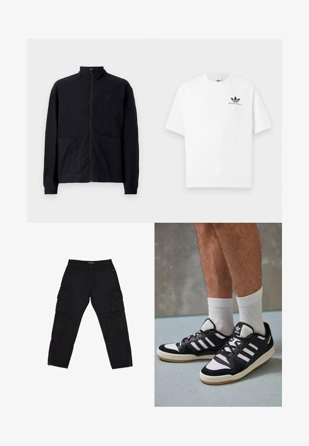 Črna jakna na zadrgo iz teksturirane tkanine z dvignjenim ovratnikom, dvema sprednjima žepoma in elastificiranimi manšeti. Diskretna podrobnost logotipa.; Bela bombažna majica s kratkimi rokavi, ki na sprednji strani vsebuje črn logotip "BASKETBALL" in ikoničen dizajn treh črt.; Črne vojaške hlače iz trpežnega materiala, ki imajo več cargo žepov, z zadrgami na gležnjih in ravnimi nogami z rahlimi šivi.; Črno-bele superge z zgornjim delom iz usnja in nubuka, ki imajo tri bele črte, perforiran vrh prstov in podplat iz gume.