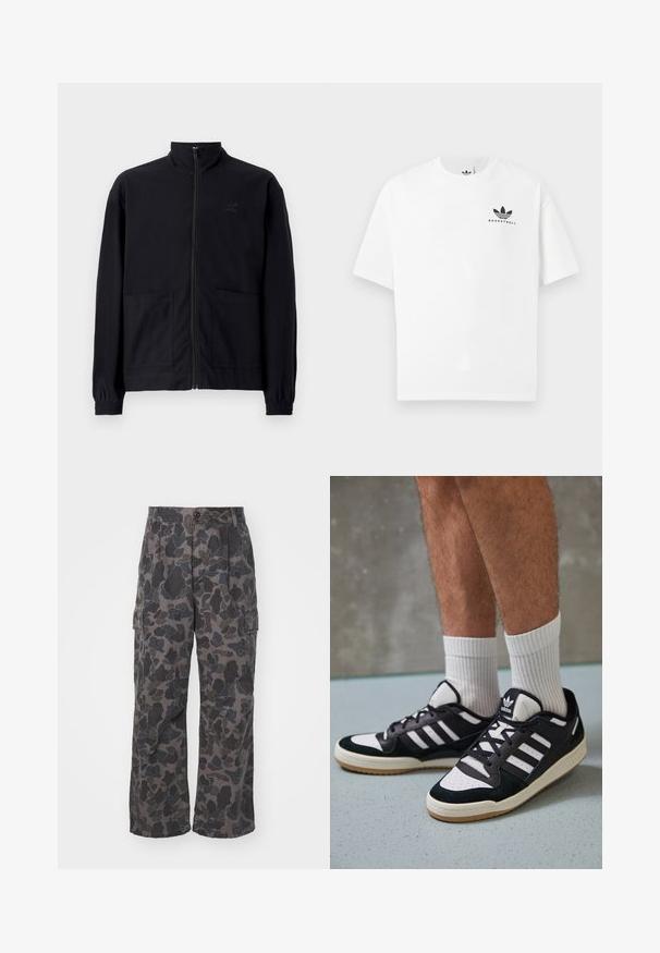 Mustast zip-up jakkidest, mis on valmistatud tekstureeritud kangast, on püstkaelus, kaks esist taskut ja elastsed mansetid. Diskreetne logo detail.; Valge puuvillane T-särk lühikeste varrukatega, mille esitupal on must "BASKETBALL" logo ja ikooniline kolmerealine disain.; Tumed hallid cargo püksid, millel on kamuflaažimuster, lõdva lõikega, nööbiga kinnitamine ja küljetaskud salvestamiseks.; Mustvalged ja valged spordijalatsid, mille pealmine osa on valmistatud suede'ist ja nahast. Kingadel on kolm valget riba, auguline varvas ja kummist tald.