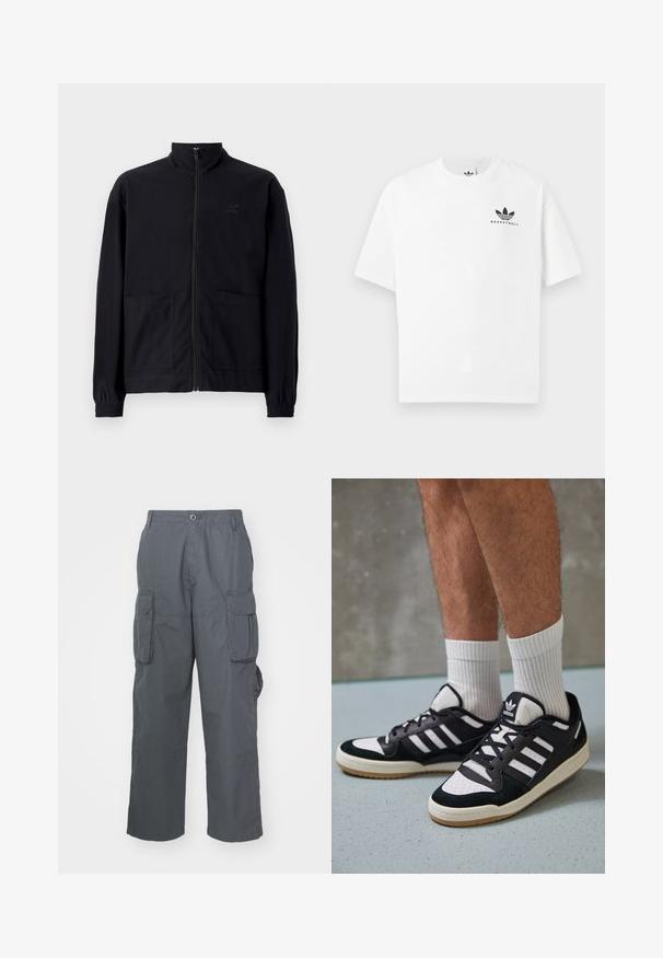 Čierna zapínacia bunda vyrobená z textúrovanej látky, s vysokým golierom, dvoma prednými vreckami a elastickými manžetami. Diskrétne logo.; Biela bavlnená tričko s krátkymi rukávmi, s čiernym logom "BASKETBALL" a ikonickým trojprúžkovým dizajnom na prednej strane.; Cargo nohavice z tmavosivej látky; obsahujú viacero bočných vreciek, voľný strih a gombíkový zapínanie v páse.; Čierno-biele tenisky s vrchom z semišu a kože, s troma bielymi pruhmi, perforovanou špičkou a gumovou podrážkou.