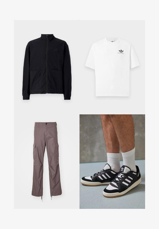 Schwarze Zip-Jacke aus strukturiertem Stoff mit Stehkragen, zwei Fronttaschen und elastischen Bündchen. Subtiler Logodruck.; Weißes Baumwoll-T-Shirt mit kurzen Ärmeln, das ein schwarzes "BASKETBALL"-Logo und ein ikonisches Drei-Streifen-Design auf der Vorderseite aufweist.; Cargo-Hosen aus einem strukturierten taupefarbenen Stoff, mit mehreren Seitentaschen, einem geraden Bein-Design und verstellbaren Riemen am Saum.; Schwarz-weiße Sneaker mit einem Obermaterial aus Wildleder und Leder, ausgestattet mit drei weißen Streifen, einer perforierten Zehenpartie und einer Sohle aus Gummi.