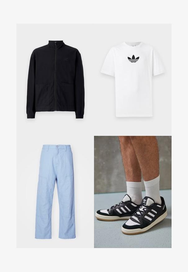 Fekete, cipzáros dzseki, textúrált anyagból, álló gallérral, két elülső zsebbel és rugalmas mandzsettával. Diszkrét logó részlet.; Fehér pamut póló, középen fekete Adidas logóval. Rövid ujjú és kerek nyakú kialakítással. Sima textúra.; Világoskék vászon nadrág, laza szabással, foltvarrásos zsebekkel és látható varrási részletekkel. Az anyag puha, texturált megjelenésű.; Fekete-fehér tornacipők velúr és bőr felsőrésszel, három fehér csíkkal, perforált orral és gumi talppal.
