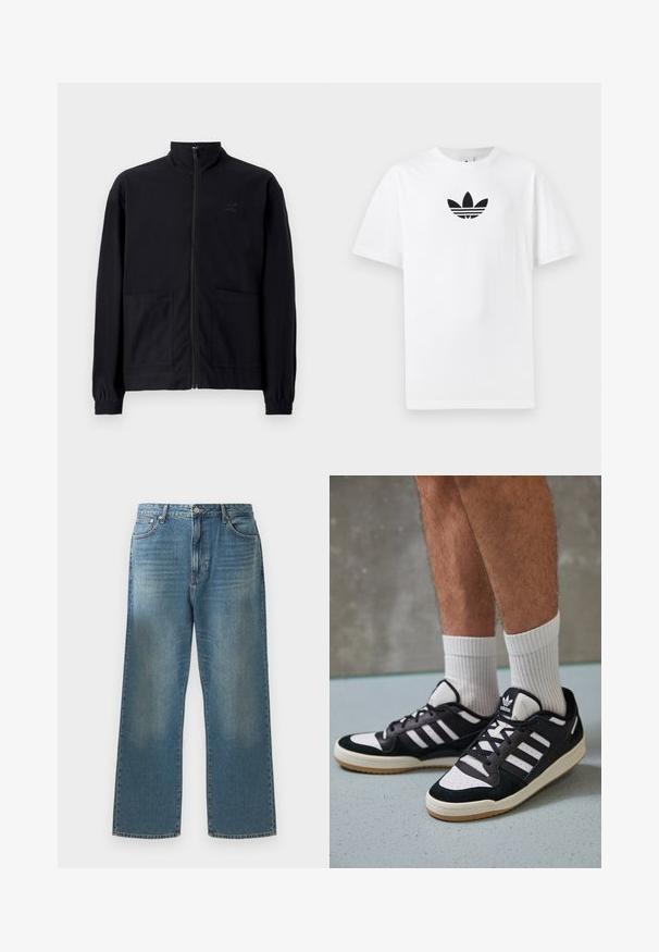 Črna jakna na zadrgo iz teksturirane tkanine z dvignjenim ovratnikom, dvema sprednjima žepoma in elastificiranimi manšeti. Diskretna podrobnost logotipa.; Bela bombažna majica s črnim logojem Adidas na sredini. Kratki rokavi in oblikovanje z okrog lim. Gladka tekstura.; Modre kavbojke širokega kroja, z bledim pranjem, klasičnim petim žepnim dizajnom in kovinskim gumbom za zapiranje v pasu.; Črno-bele superge z zgornjim delom iz usnja in nubuka, ki imajo tri bele črte, perforiran vrh prstov in podplat iz gume.