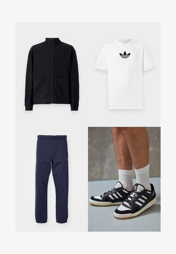 Sort zip-op jakke lavet af tekstureret stof med stående krave, to forlommer og elastiske manchetter. Diskret logo detalje.; Hvid bomulds T-shirt med et sort Adidas-logo i midten. Korte ærmer og rund halsudskæring. Glat tekstur.; Mørkeblå sweatpants med elastisk talje, ribbede manchetter og en lille logo detalje på venstre side. Fremstillet af blødt, strækbart stof.; Sorte og hvide sneakers med en overdel i ruskind og læder, der har tre hvide striber, en perforeret tå og en sål i gummigummi.