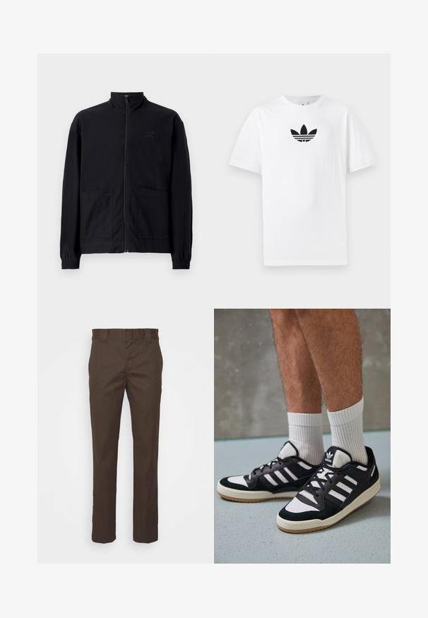 Čierna zapínacia bunda vyrobená z textúrovanej látky, s vysokým golierom, dvoma prednými vreckami a elastickými manžetami. Diskrétne logo.; Biely bavlnený tričko s čiernym logom Adidas v strede. Krátke rukávy a okrúhly výstrih. Hladká textúra.; Hnedé nohavice vyrobené z odolnej textílie, s rovnými nohavicami, štandardným pásom a bočnými vreckami pre zvýšenú funkčnosť.; Čierno-biele tenisky s vrchom z semišu a kože, s troma bielymi pruhmi, perforovanou špičkou a gumovou podrážkou.