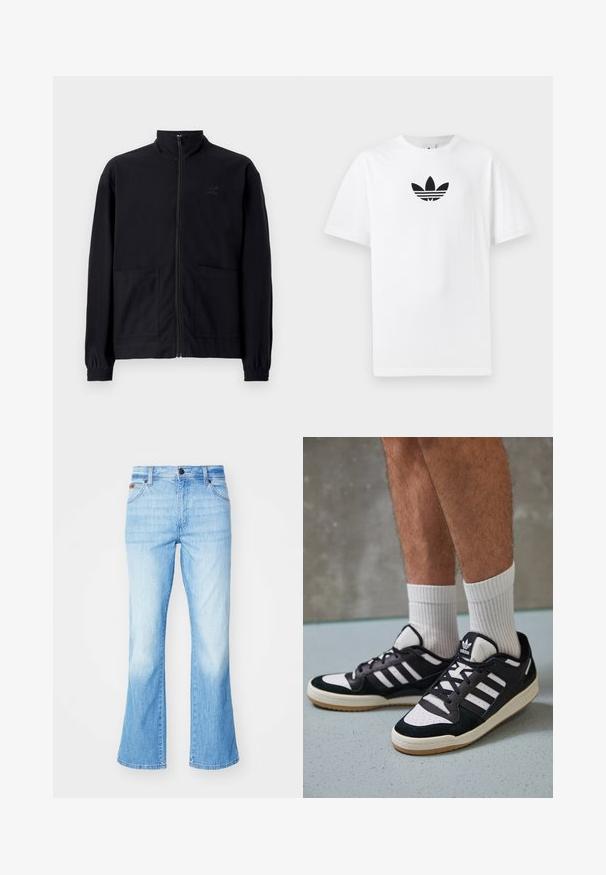 Črna jakna na zadrgo iz teksturirane tkanine z dvignjenim ovratnikom, dvema sprednjima žepoma in elastificiranimi manšeti. Diskretna podrobnost logotipa.; Bela bombažna majica s črnim logojem Adidas na sredini. Kratki rokavi in oblikovanje z okrog lim. Gladka tekstura.; Svetlo modri razširjeni jeans narejeni iz jeansa, z zbledelim videzom, petimi žepe in z gumbom za zapiranje.; Črno-bele superge z zgornjim delom iz usnja in nubuka, ki imajo tri bele črte, perforiran vrh prstov in podplat iz gume.