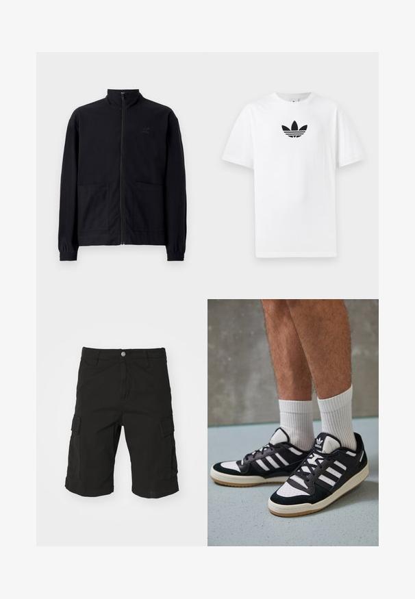 Črna jakna na zadrgo iz teksturirane tkanine z dvignjenim ovratnikom, dvema sprednjima žepoma in elastificiranimi manšeti. Diskretna podrobnost logotipa.; Bela bombažna majica s črnim logojem Adidas na sredini. Kratki rokavi in oblikovanje z okrog lim. Gladka tekstura.; Črne cargo kratke hlače iz trdnih materialov, z stranskimi žepi, gumbom za zapiranje in zavihanimi robovi. Ravan kroj.; Črno-bele superge z zgornjim delom iz usnja in nubuka, ki imajo tri bele črte, perforiran vrh prstov in podplat iz gume.