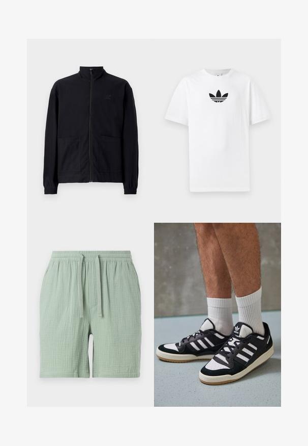 Zwarte zip-up jack van textuurstof met een staande kraag, twee voorzakken en elastische manchetten. Subtiel logo-detail.; Witte katoenen T-shirt met een zwart Adidas-logo in het midden. Korte mouwen en een ronde hals. Gladde textuur.; Lichtgroene katoenen shorts met een elastische tailleband en koord. Textuurstof, iets gekreukeld, met een zijzak.; Zwart-witte sneakers met een bovenwerk van suede en leer, voorzien van drie witte strepen, een geperforeerde neus en een rubberen gumzool.