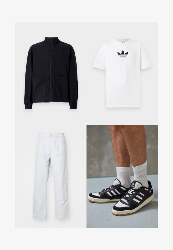 Jachetă zip-up neagră, realizată dintr-un material texturat, cu guler în picioare, două buzunare frontale și manșete elastice. Detaliu subtil cu logo.; Tricou alb din bumbac, având un logo Adidas negru în centrul său. Mâneci scurte și un design cu gât rotund. Textură fină.; Pantaloni largi gri deschis, dintr-un amestec de bumbac. Au două buzunare frontale, cusături vizibile și accente de buton în nuanță de aur.; Adidași negri și albi cu un superior din suede și piele, prevăzuți cu trei dungi albe, un vârf perforat și o talpă din cauciuc caramel.